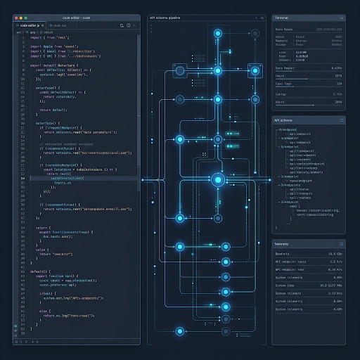 Sleek modern software architecture graphic, clean code editor interface with syntax-highlighted code snippets, clean API schema graph, minimalist dark slate terminal background with crisp electric blue and subtle cyan glowing nodes