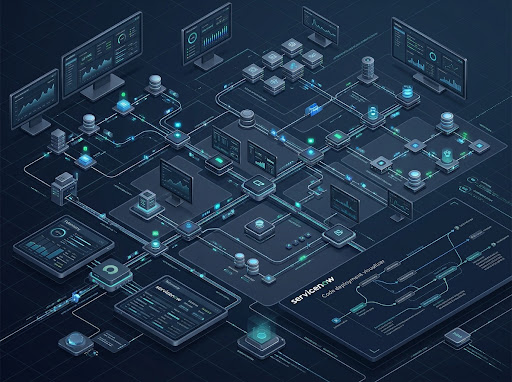 High tech enterprise cloud infrastructure and ServiceNow topology map, clean isometric network nodes, data pipelines, telemetry status monitors and code deployment graph